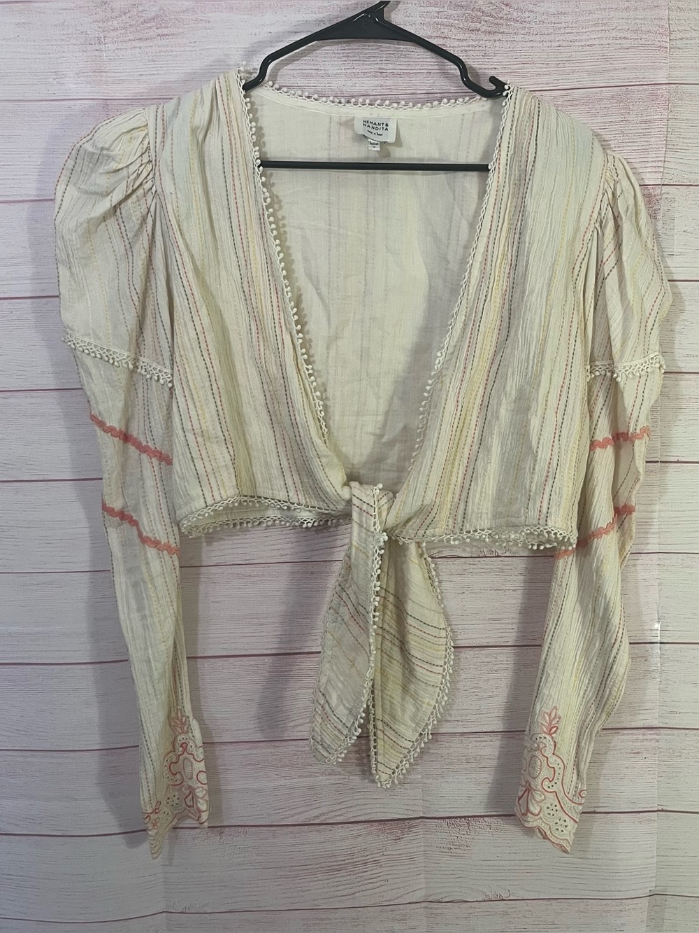 Hemant & Nandita Suri Embroidered Long Puff Sleeve Tie Front Top Medium